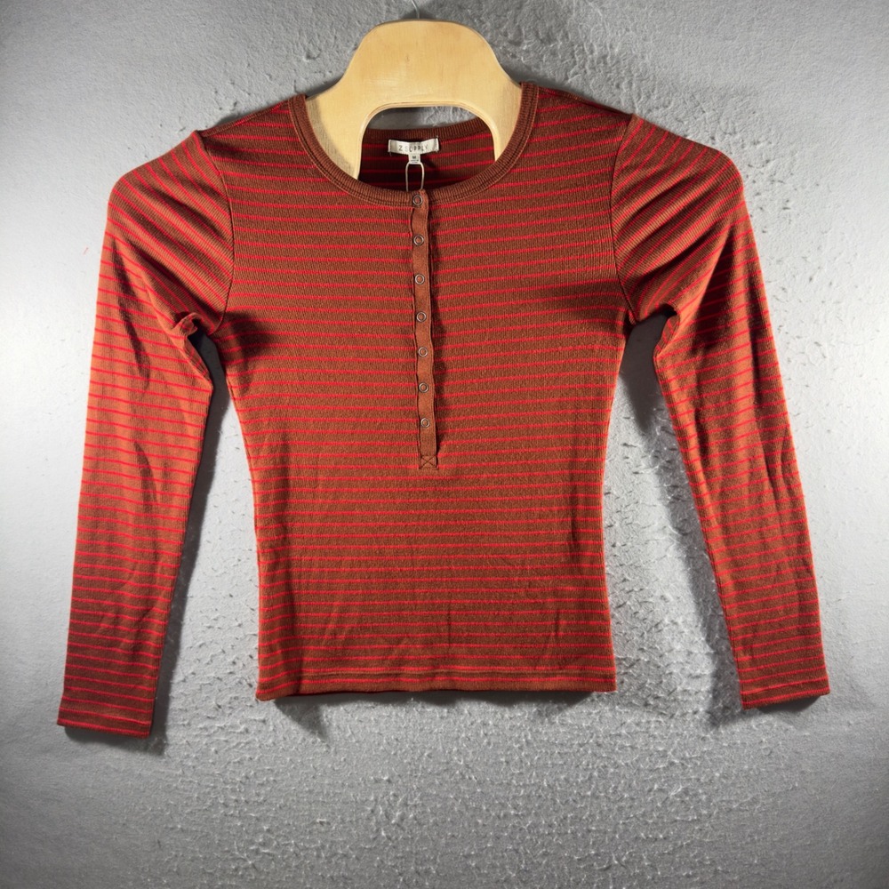 3340 | NWT Z Supply Stella Stripe Henley Ribbed Long Sleeve Top Mahogany Women M